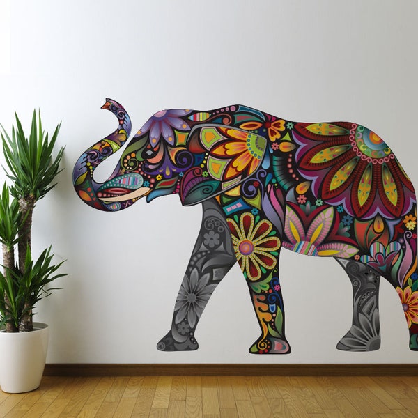 Elephant Decal Wall Decor - Colorful Floral Elephant Graphic