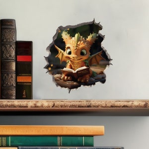 Dragon Reading in Wall Hole Decal Mouse Hole 3D Wall Sticker image 3