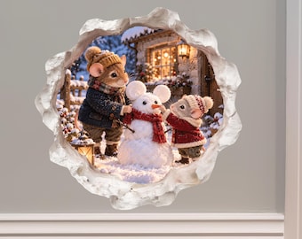 Christmas Snowman Building Mouse Hole Decal by Wallington Mice