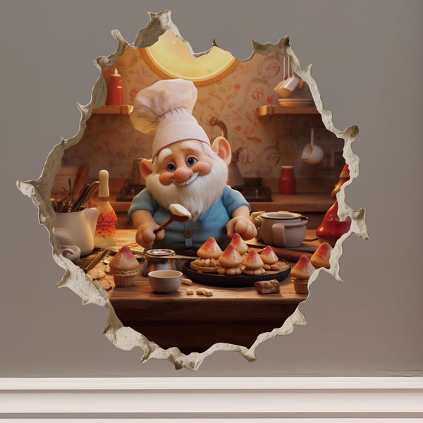 Gnome Cuisson Champignons Cupcakes dans le Décalque de Trou de Mur - Autocollant de Mur de Trou de Souris 3D