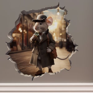 Calcomanía del detective Sherlock Holmes en la madriguera del ratón - Adhesivo de pared 3D de la madriguera del ratón