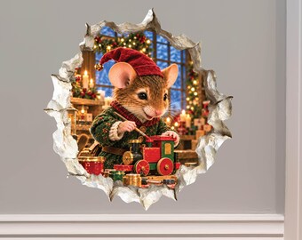 Christmas Elf Mouse Hole Decal - 3D Effect, Surface Safe & Removable - Made in USA by Wallington Mice
