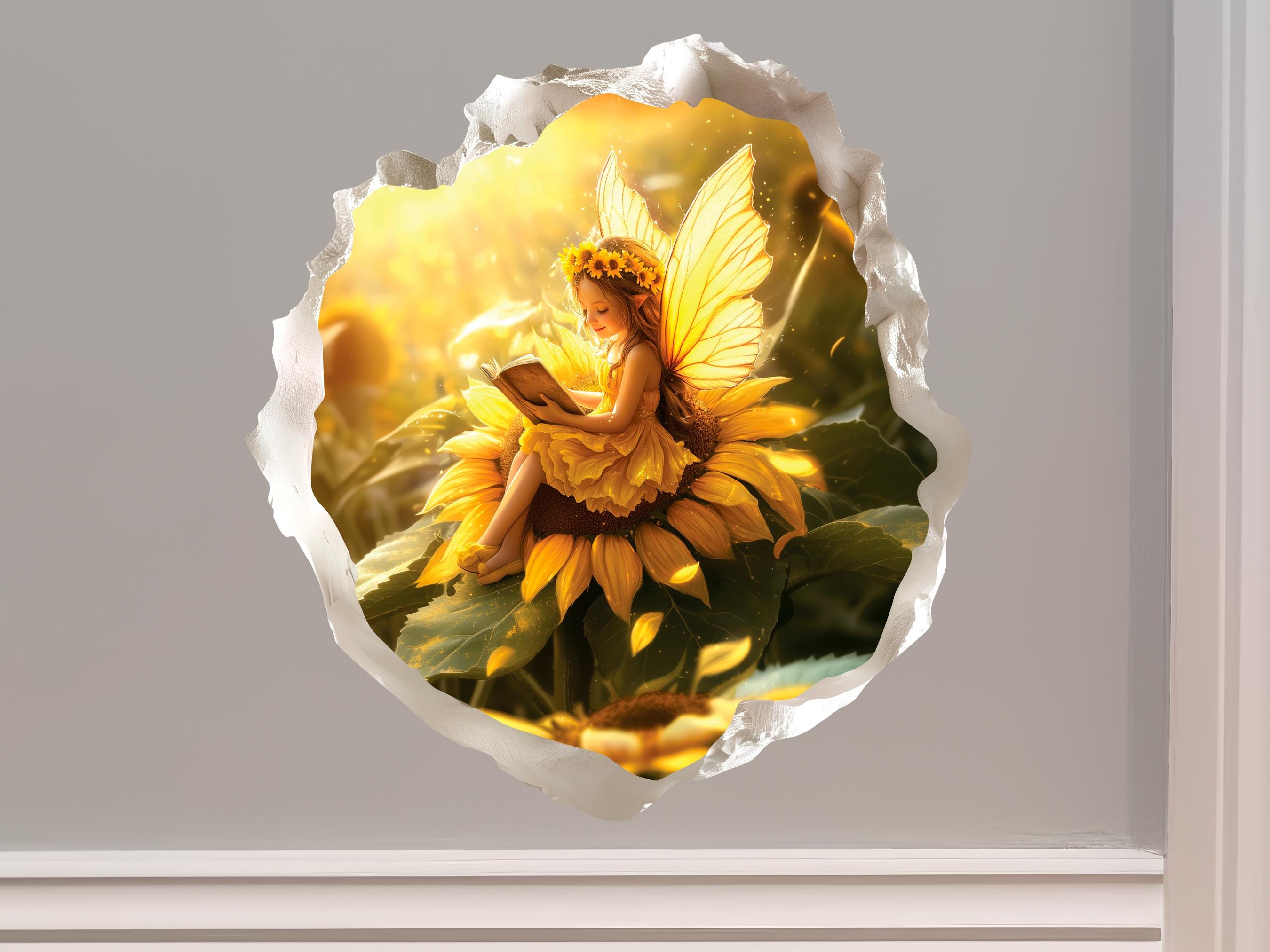 Sunflower Reading Fairy Wall Decal - 3D Torn Wall Illusion Sticker, 4.7x4.9 Inches, USA Made