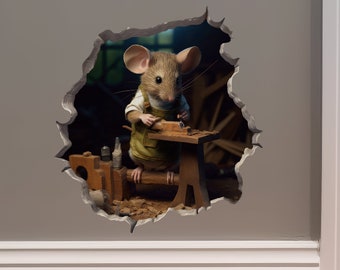 Woodworking Mouse in Mouse Hole Decal - Mouse Hole 3D Wall Sticker