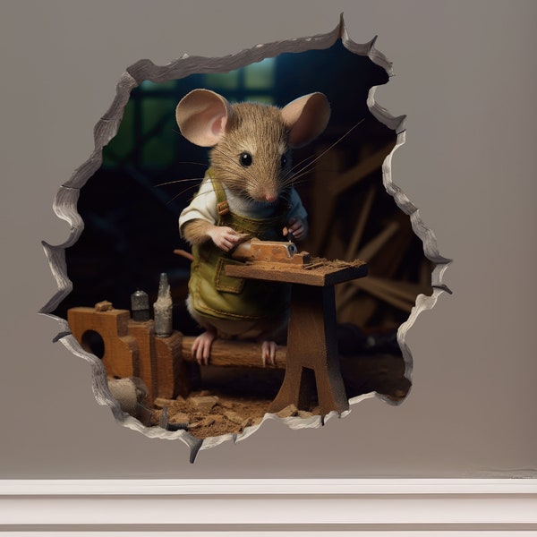 Woodworking Mouse in Mouse Hole Decal - Mouse Hole 3D Wall Sticker