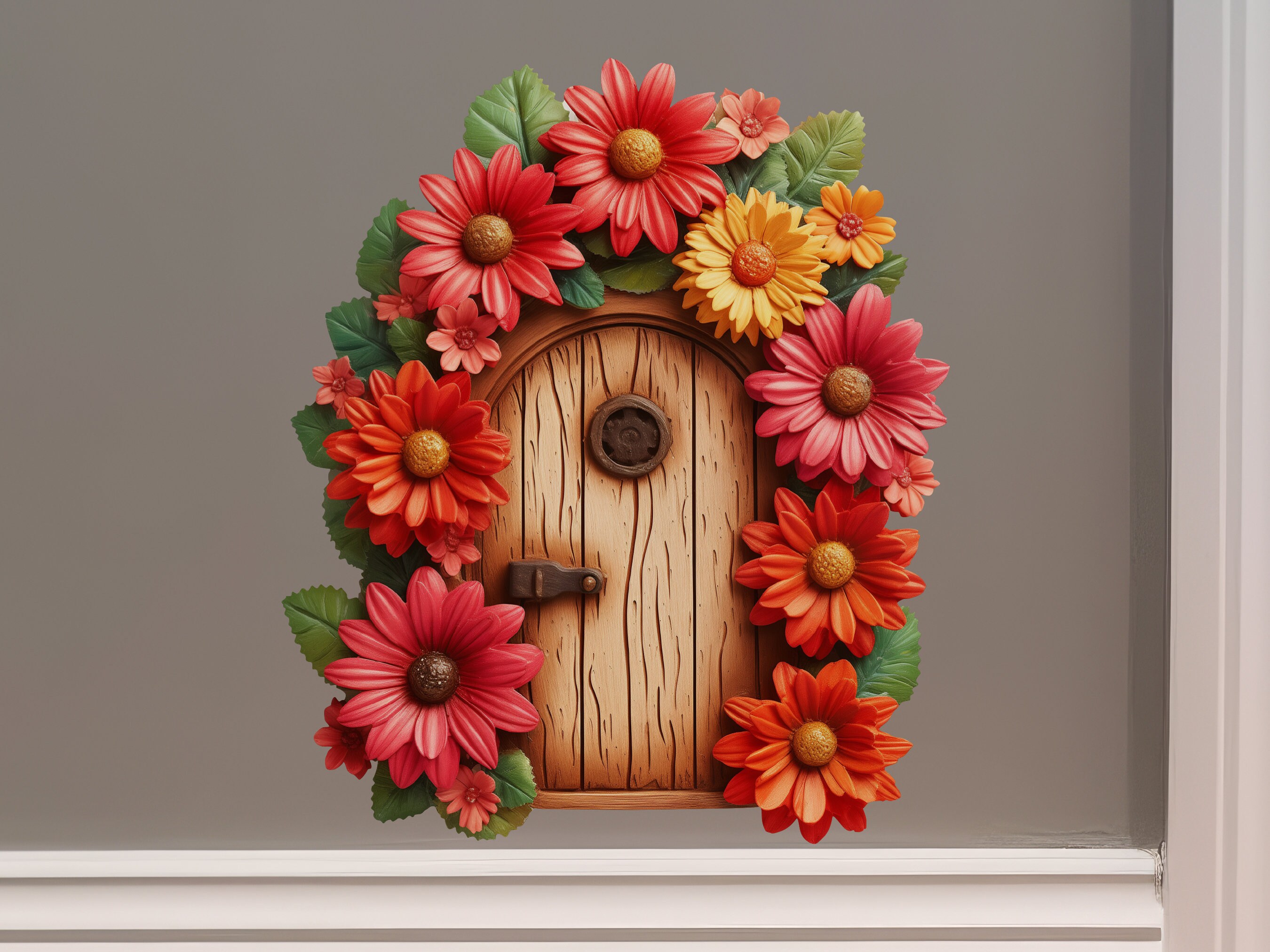 Red Gerbera Daisy Flower Garden House - Fairy Door 3D Wall Sticker