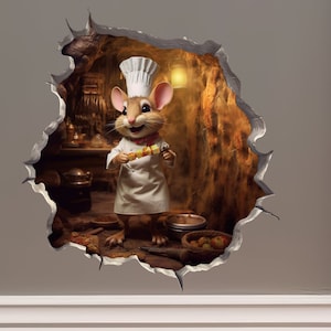 Chef Mouse in a Mouse Hole Decal - Mouse Hole 3D Wall Sticker