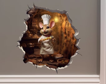 Chef Mouse in a Mouse Hole Decal - Mouse Hole 3D Wall Sticker