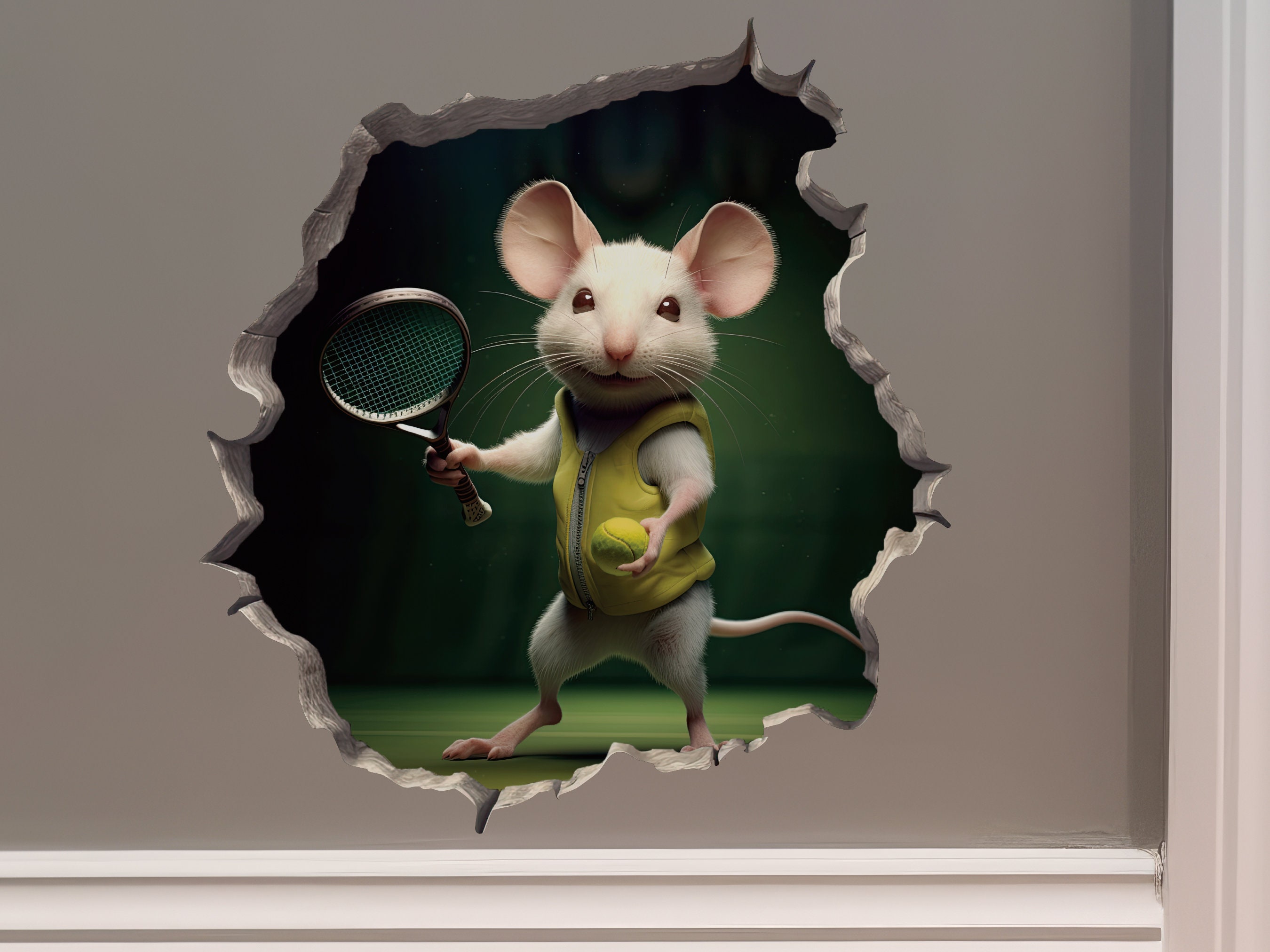 Tennis Mouse in Mouse Hole Decal - Mouse Hole 3D Wall Sticker