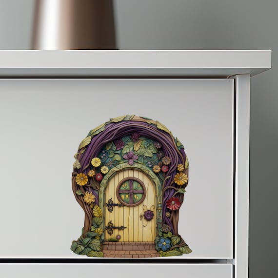 Purple Tree And Flowers Fairy Door Wall Sticker - Peel & Stick Decal, 5x5 Inches, Made In USA