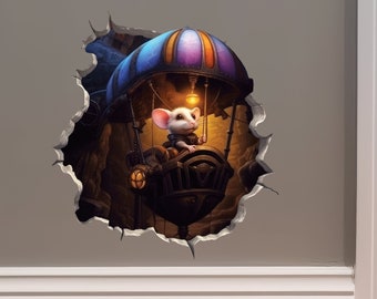 Steampunk Mouse in Flying Machine Mouse Hole Decal - Mouse Hole 3D Wall Sticker