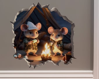 Camping Mice in Mouse Hole Decal - Mouse Hole 3D Wall Sticker