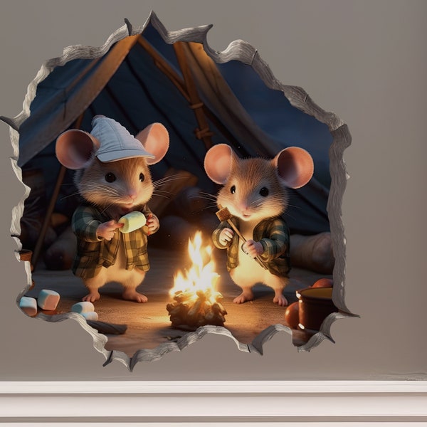 Camping Mice in Mouse Hole Decal - Mouse Hole 3D Wall Sticker