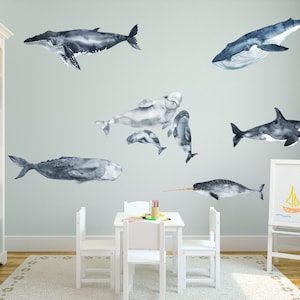 Whale Wall Decals - Set of 8 Watercolor Whale Stickers