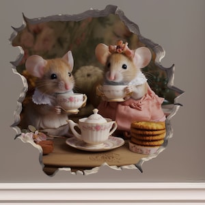 Tea Time Mice in Mouse Hole Decal - Mouse Hole 3D Wall Sticker