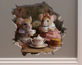 Tea Time Mice in Mouse Hole Decal - Mouse Hole 3D Wall Sticker