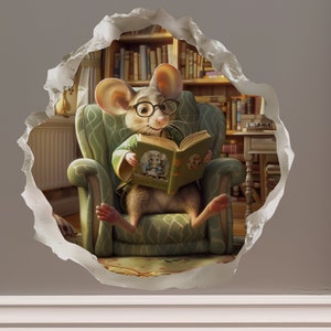 May include: A brown and gray mouse wearing glasses sits in a green armchair and reads a book titled "The Tale of Peter Rabbit". The mouse is sitting in a room with bookshelves filled with books.