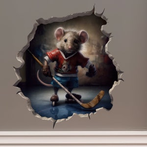 May include: A grey mouse wearing a red and blue hockey jersey and holding a hockey stick, appears to be breaking through a wall. The mouse is on roller skates and is looking directly at the viewer.