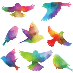 Bird Decals - Set of 8 in Watercolor Rainbow Pattern (#1347-17)