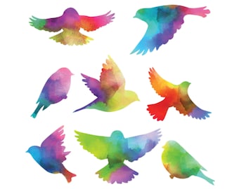 Bird Decals - Set of 8 in Watercolor Rainbow Pattern (#1347-17)