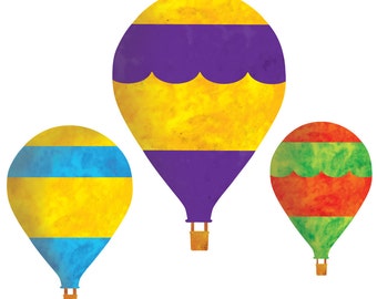 May include: Three hot air balloons in different colors and patterns. The largest balloon is yellow with a purple stripe and a wavy purple border. The middle balloon is yellow with a blue stripe. The smallest balloon is red with a green stripe and a wavy green border.