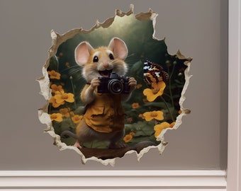 Photographer Mouse in Mouse Hole Decal - Mouse Hole 3D Wall Sticker