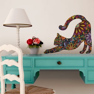 Calcomanía de pared de gato estirable - Calcomanía de pared de gato floral reposicionable