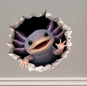 May include: A whimsical illustration of an axolotl emerging from a hole in a wall. The axolotl is blue and purple with a smiling expression and is waving its hand. The hole is surrounded by a cracked, textured surface.