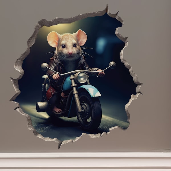 Ratón de motocicleta en calcomanía de agujero de ratón - Pegatina de pared 3D de agujero de ratón