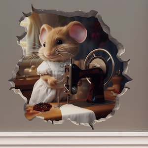 Seamstress Mouse in Mouse Hole Decal - Mouse Hole 3D Wall Sticker