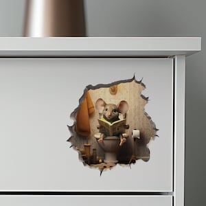 Mouse Sitting on Toilet in Mouse Hole Decal Mouse Hole 3D Wall Sticker zdjęcie 7