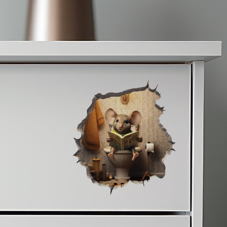 Mouse Sitting on Toilet in Mouse Hole Decal Mouse Hole 3D Wall Sticker image 7