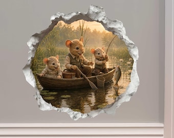 Grandpa and Grandchildren Fishing Mouse Hole Decal - 3D Effect, Surface Safe & Removable - Made in USA by Wallington Mice