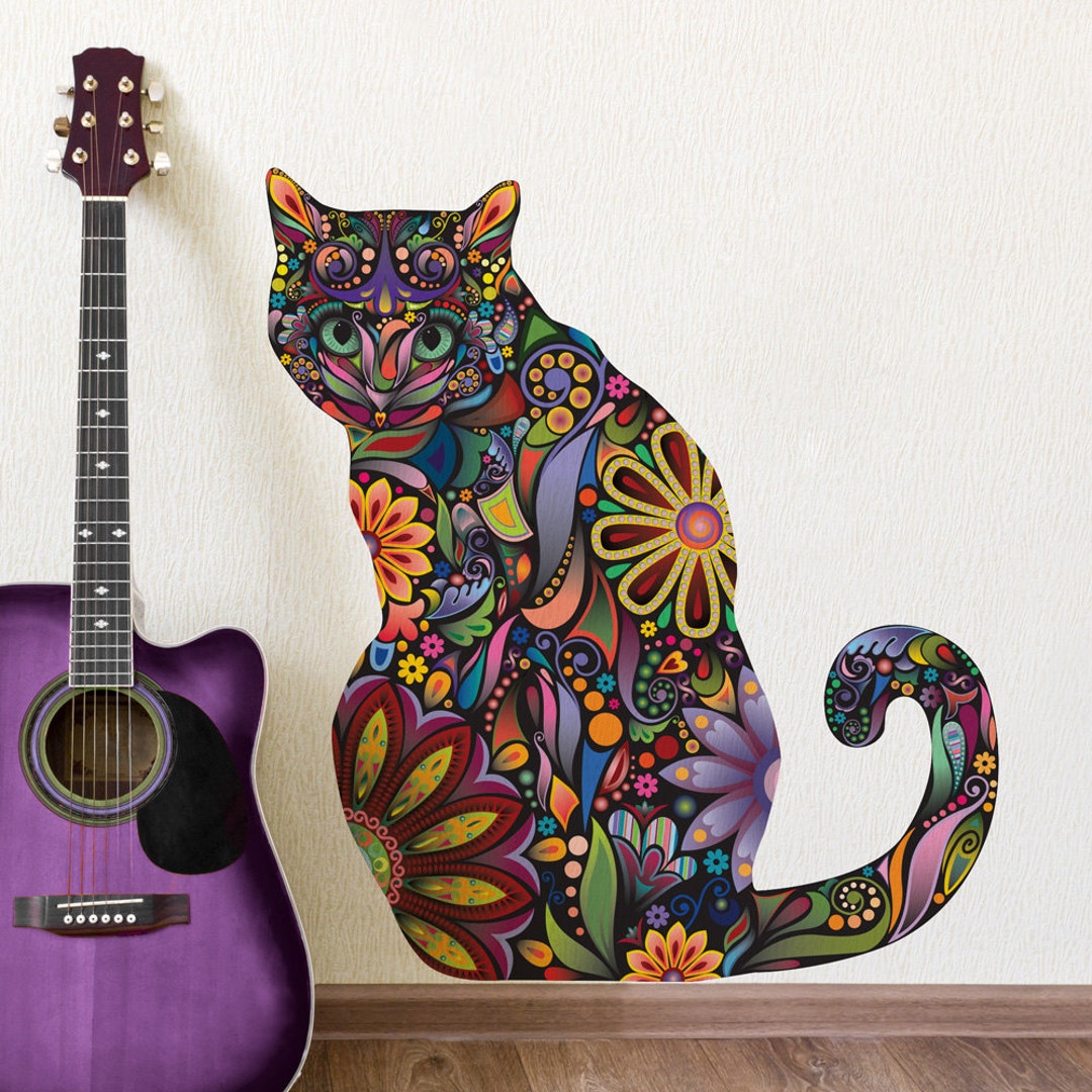 Sitting Cat Wall Sticker - Repositionable Floral Cat Wall Decal - Etsy
