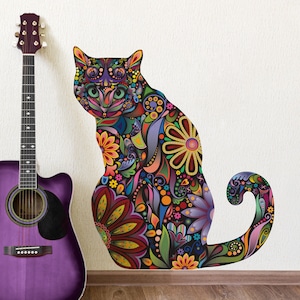 Sitting Cat Wall Sticker Repositionable Floral Cat Wall Decal image 1