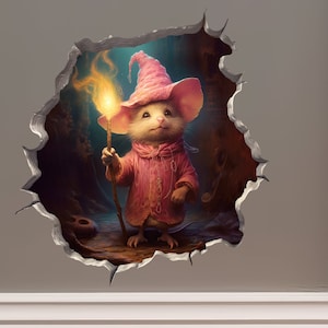 Wizard Mouse in Mouse Hole Decal - Mouse Hole 3D Wall Sticker