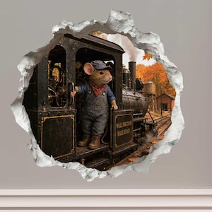 May include: A wall decal featuring a mouse conductor in blue overalls and a cap standing in a black steam locomotive. The train has the text Wallington Railroad printed on the side. The scene is framed by a jagged, torn-paper effect on a wall.