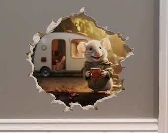 Camper Trailer Mouse en Mouse Hole Calcomanía - Mouse Hole 3D Etiqueta de la pared