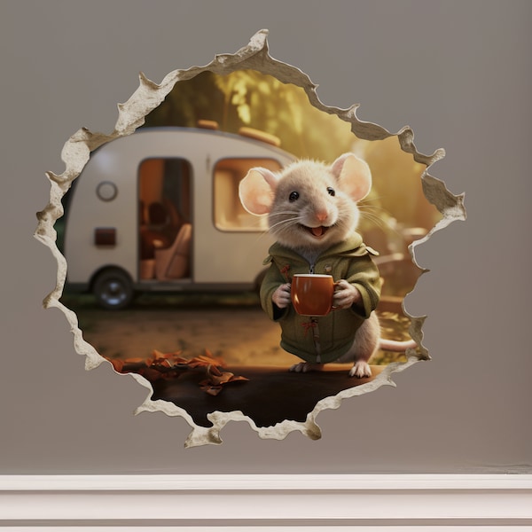 Camper Trailer Mouse in Mouse Hole Decal - Mouse Hole 3D Wall Sticker