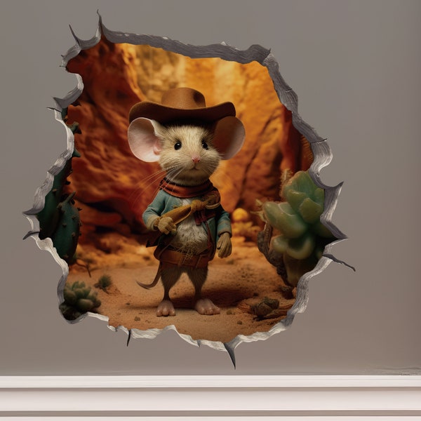 Cowboy Mouse in Mouse Hole Decal - Mouse Hole 3D Wall Sticker