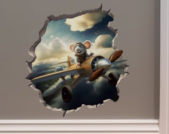 Airplane Pilot Mouse Flying from a Mouse Hole Decal - Mouse Hole 3D Wall Sticker