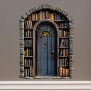 May include: A decorative wall sculpture of a blue door with a brass knocker, surrounded by a stone archway with bookshelves filled with books. The door has a stained glass window with a yellow sun design.