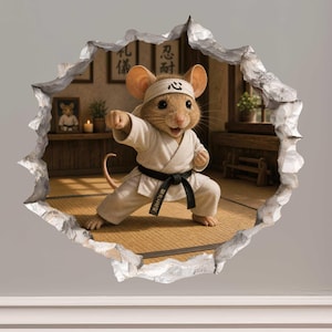 May include: A wall decal featuring a mouse dressed in a white martial arts uniform with a black belt and a headband with Japanese characters. The mouse is in a fighting stance, framed by a trompe l'oeil effect of a jagged hole in the wall.