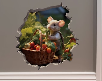 Souris de jardin potager dans l'autocollant de trou de souris - autocollant mural 3D de trou de souris