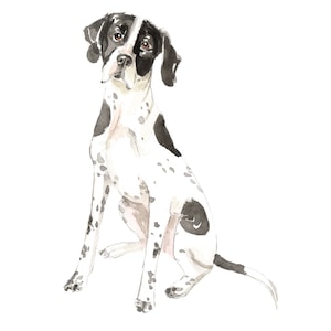 May include: Watercolor painting of a black and white spotted dog sitting with its head tilted. The dog has black ears and a black spot on its back.