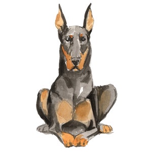 May include: Watercolor painting of a black and tan Doberman Pinscher sitting with its front paws crossed.