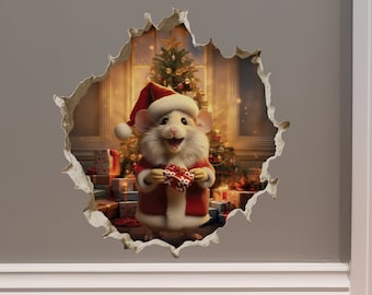 Santa Mouse in Mouse Hole Decal - Mouse Hole 3D Wall Sticker