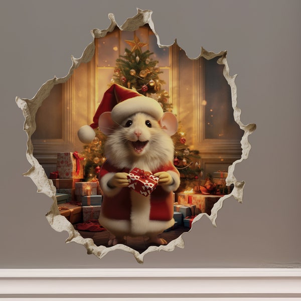 Santa Mouse in Mouse Hole Decal - Mouse Hole 3D Wall Sticker