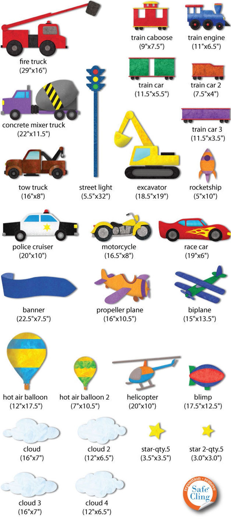 Transportation Wall Decals Train, Construction, Car, Truck, Airplane Stickers for Boys Room JUMBO SET image 2