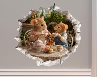 Granddaughter and Grandma Tea Party Mouse Hole Decal - 3D Effect, Surface Safe & Removable - Made in USA by Wallington Mice
